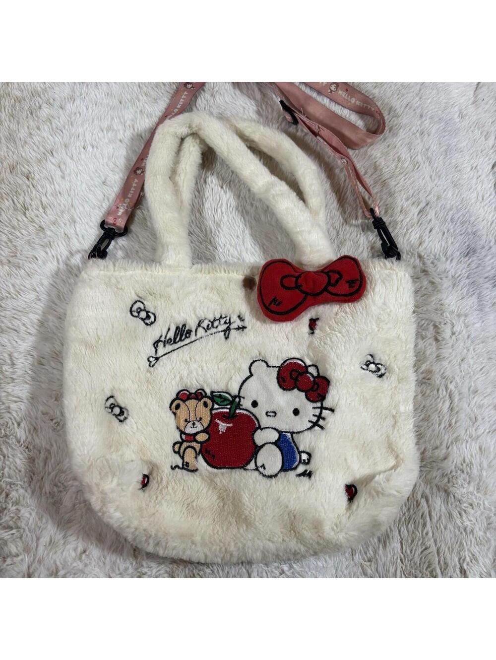 Sanrio Hello Kitty Plush Faux Fur Tote Bag Pink Strap Apple Teddy Bear - Picture 2 of 8